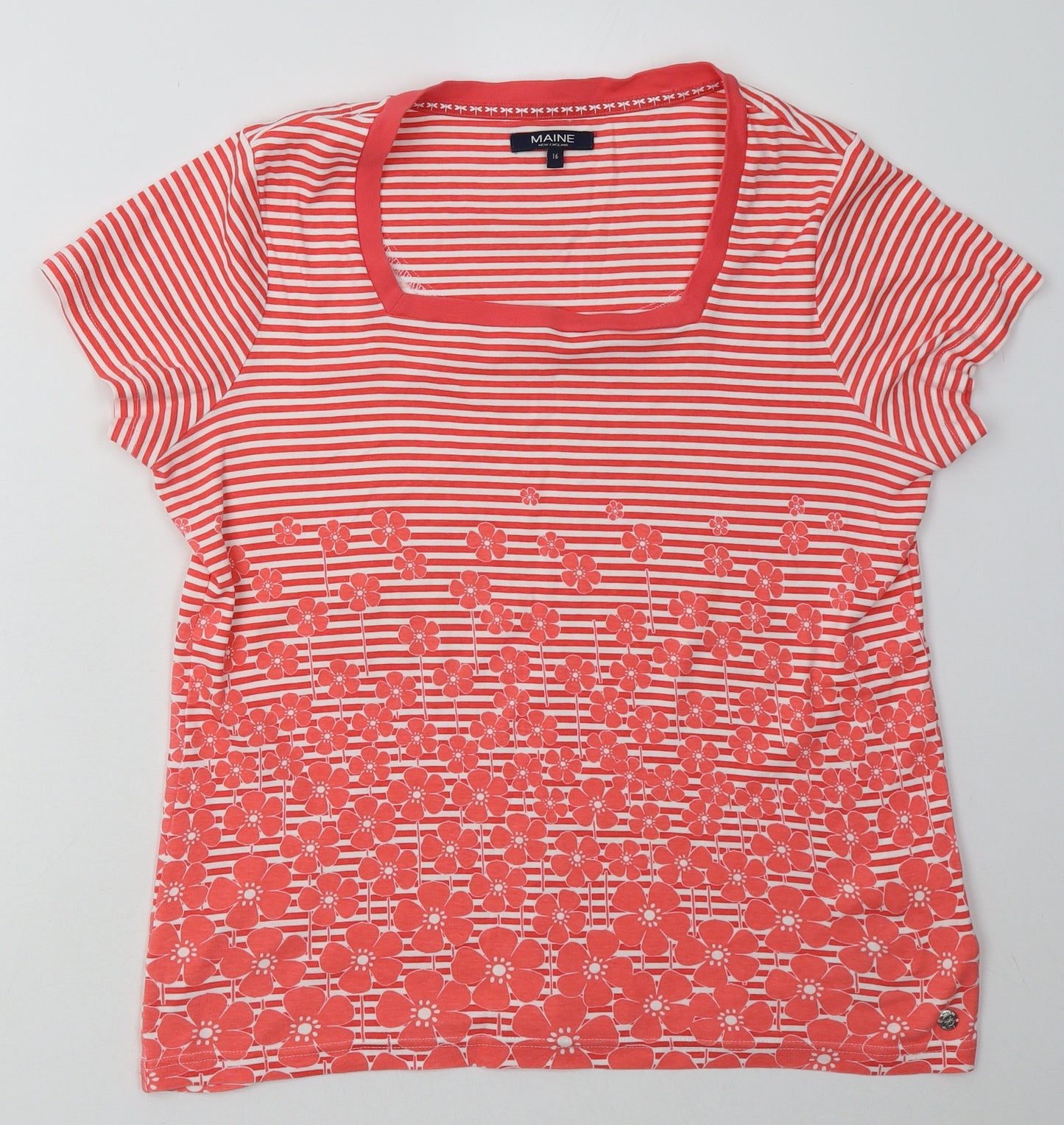 Debenhams Womens Pink Striped Cotton Basic T-Shirt Size 16 Square Neck