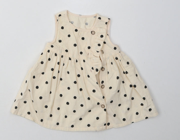 sainsburys Girls Beige Polka Dot Cotton A-Line Size 3-6 Months Crew Neck Button
