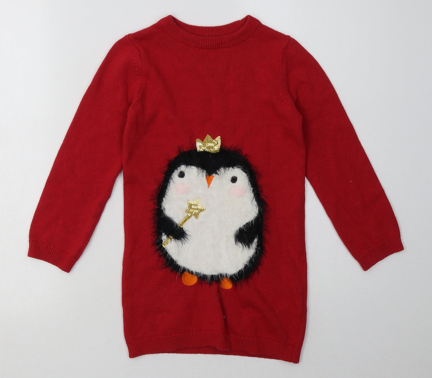 Debenhams Girls Red  Cotton Jumper Dress  Size 5-6 Years  Crew Neck Pullover - Christmas