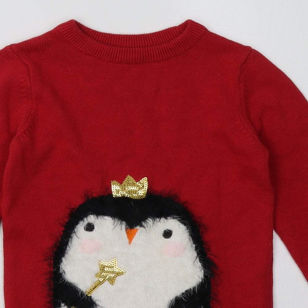 Debenhams Girls Red  Cotton Jumper Dress  Size 5-6 Years  Crew Neck Pullover - Christmas