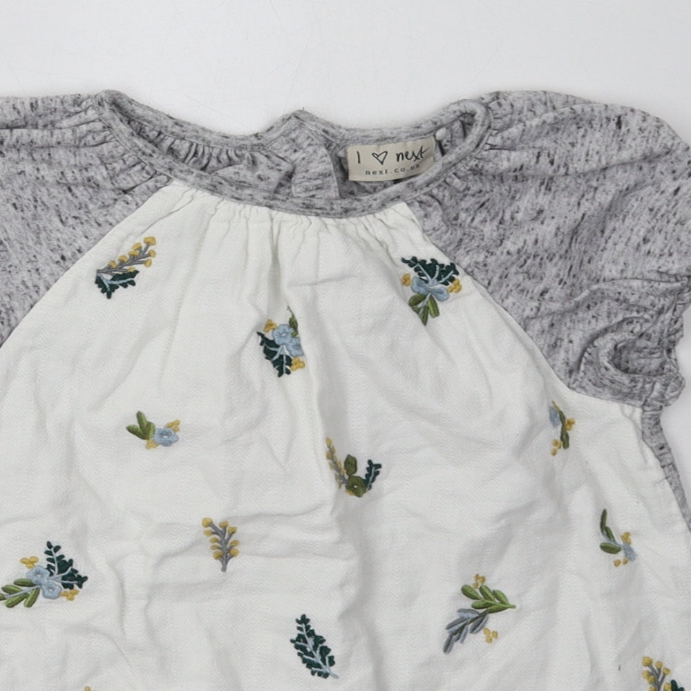 NEXT Girls White Floral Polyester Basic T-Shirt Size 7 Years Crew Neck Button