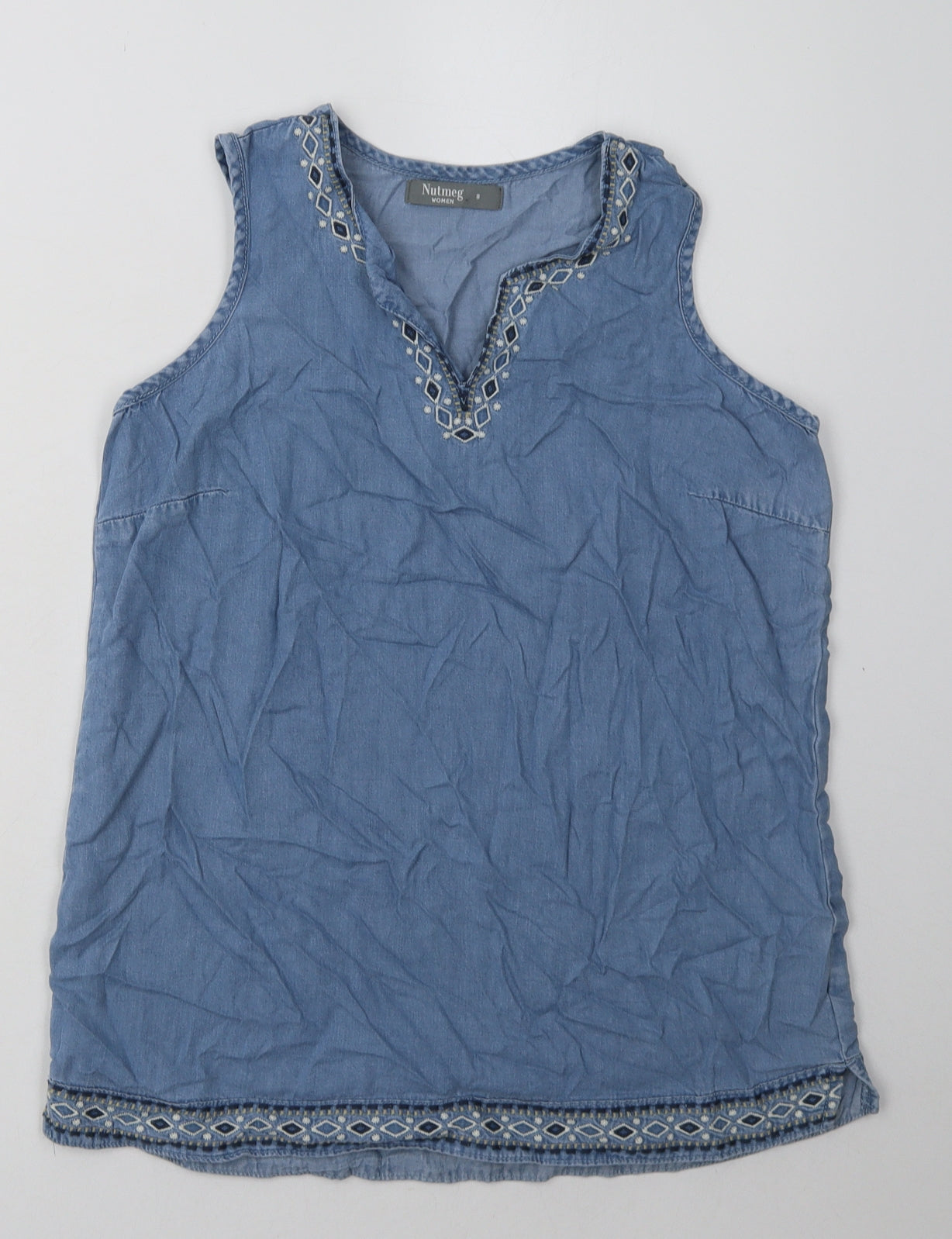 Nutmeg Womens Blue Geometric Lyocell Basic Tank Size 8 V-Neck