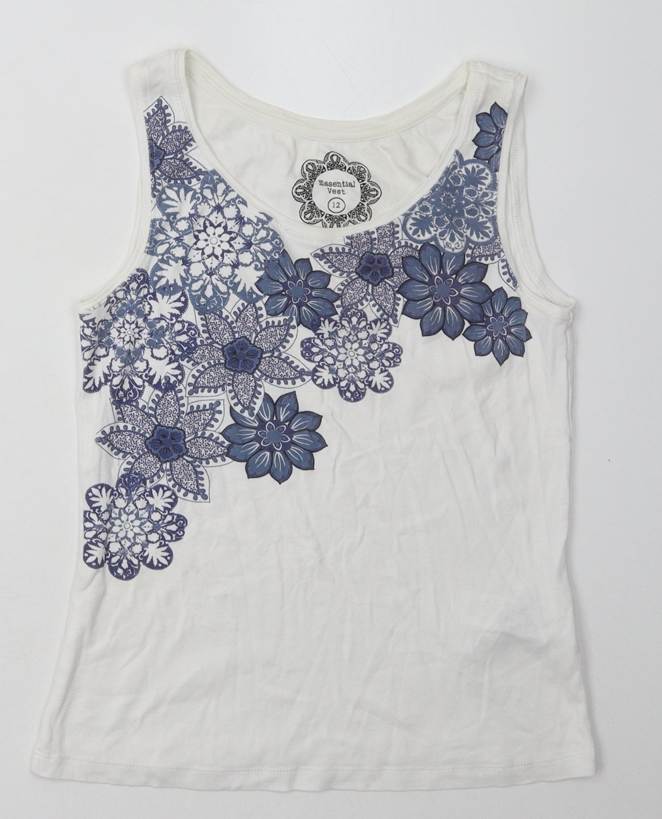 Debenhams Womens White Floral Cotton Basic Tank Size 12 Scoop Neck