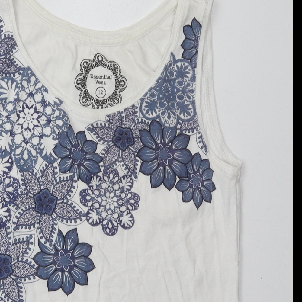 Debenhams Womens White Floral Cotton Basic Tank Size 12 Scoop Neck