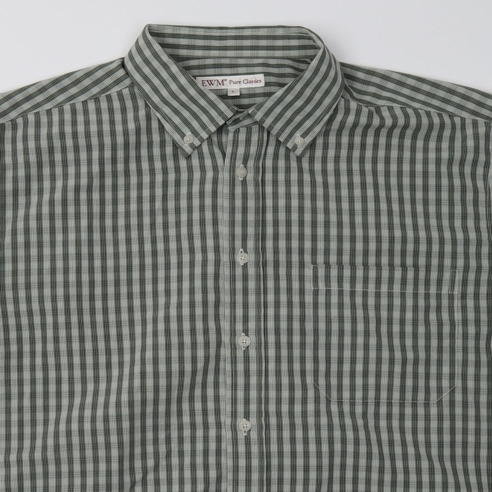 EWM Mens Green Striped Polyester  Button-Up Size L Collared Button