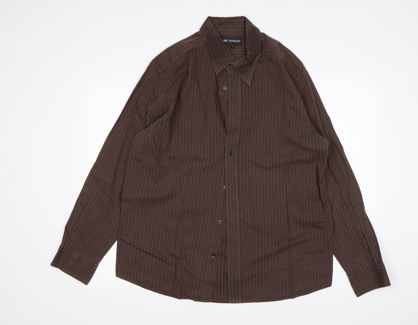 M&S Mens Brown Striped Cotton  Dress Shirt Size L Collared