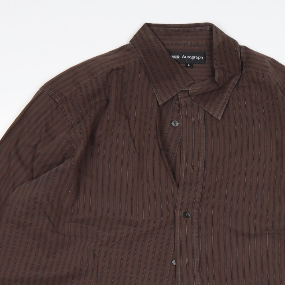M&S Mens Brown Striped Cotton  Dress Shirt Size L Collared