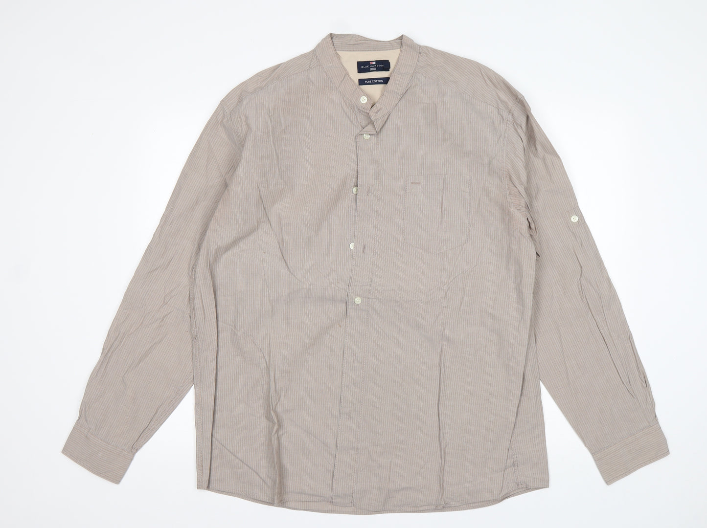 Blue Harbour Mens Beige Striped Cotton  Button-Up Size L Round Neck