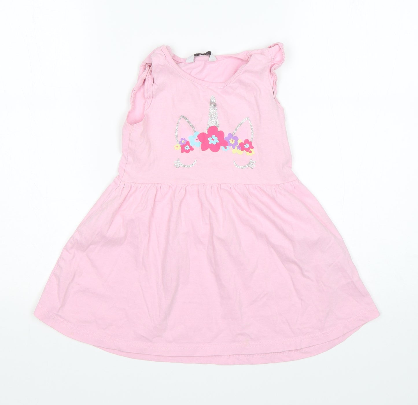Primark Girls Pink  Cotton Fit & Flare  Size 5-6 Years  Round Neck  - Unicorn