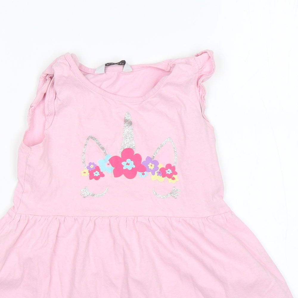 Primark Girls Pink  Cotton Fit & Flare  Size 5-6 Years  Round Neck  - Unicorn