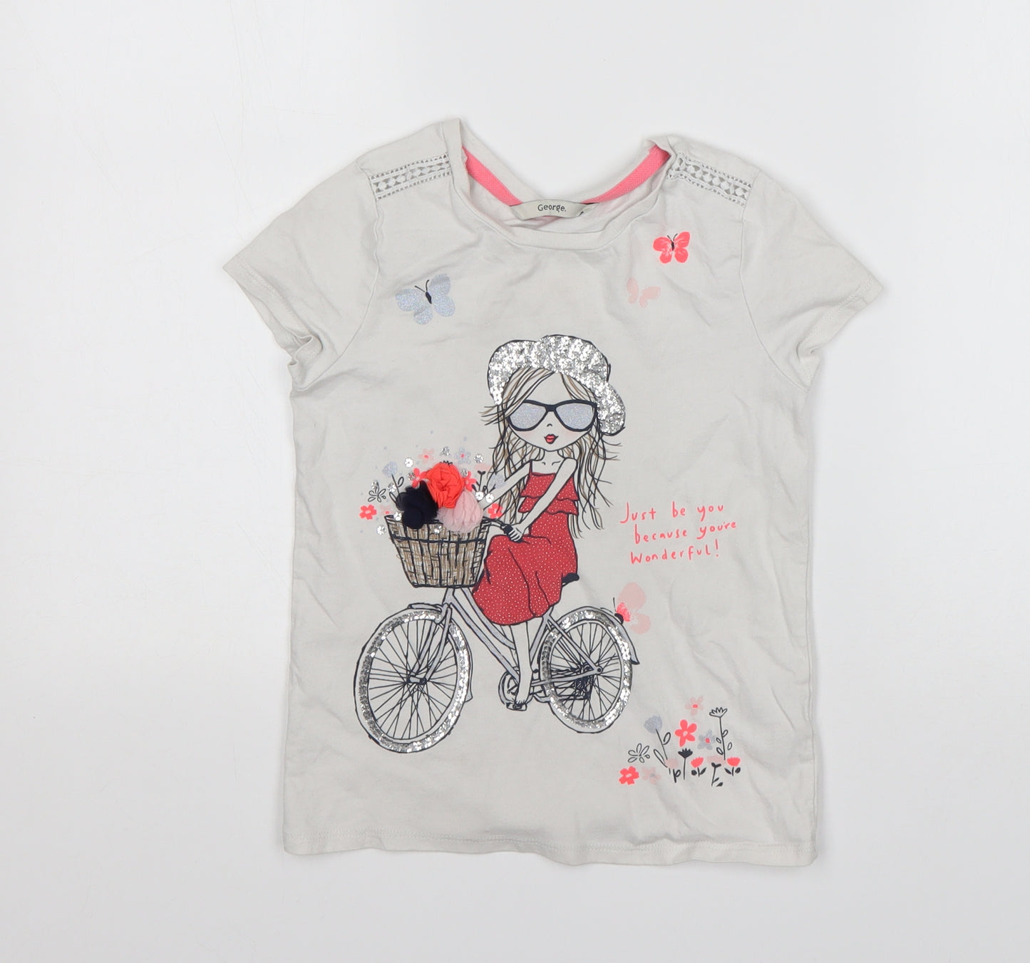 George Girls White  Cotton Basic T-Shirt Size 6-7 Years Round Neck