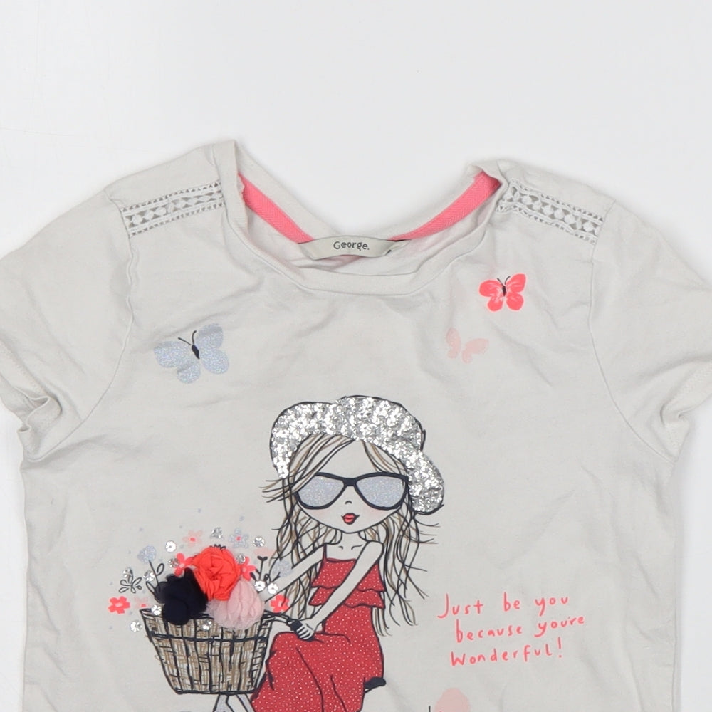 George Girls White  Cotton Basic T-Shirt Size 6-7 Years Round Neck