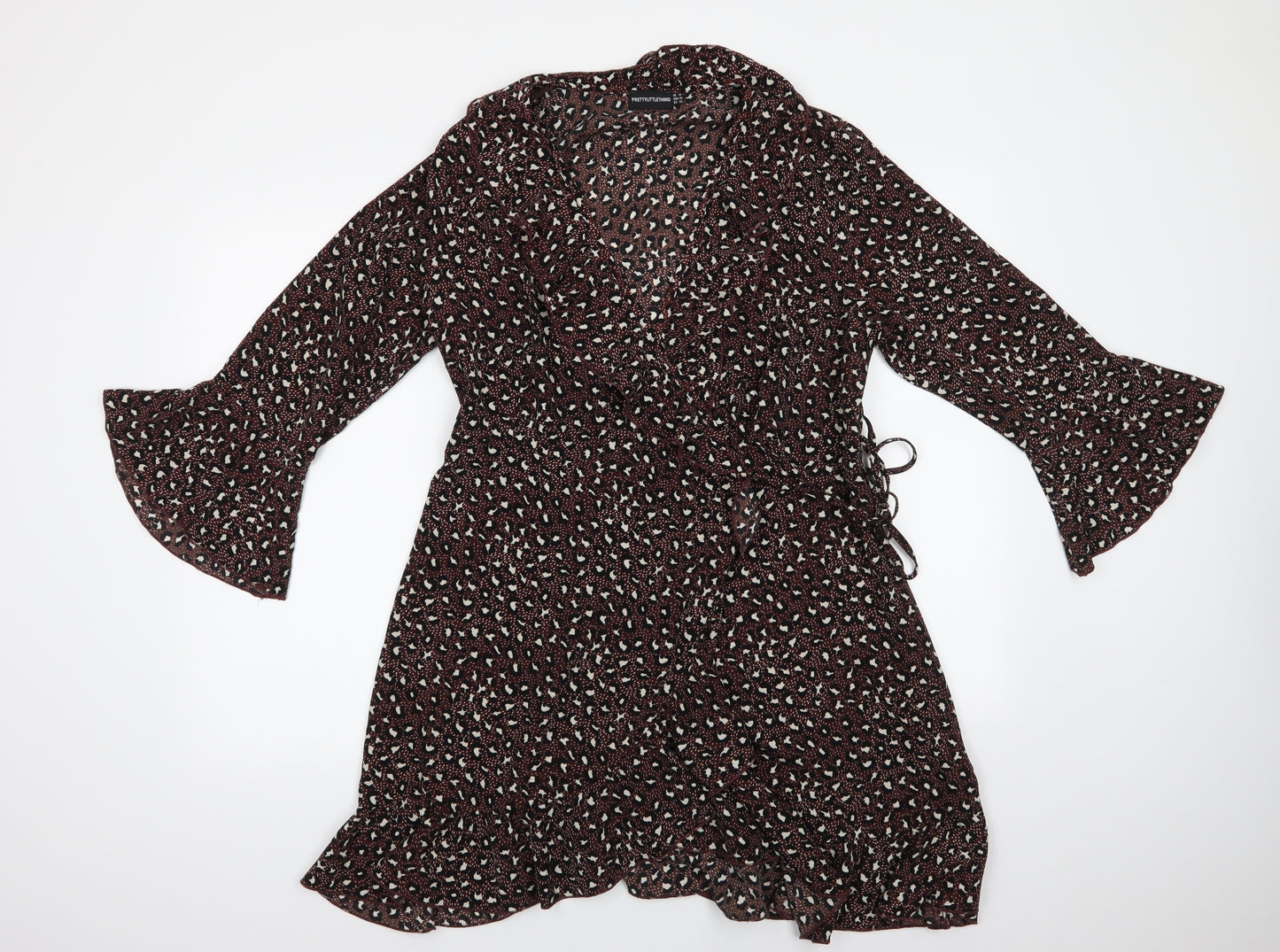 PRETTYLITTLETHING Womens Brown Geometric Polyester Wrap Dress  Size 14  V-Neck