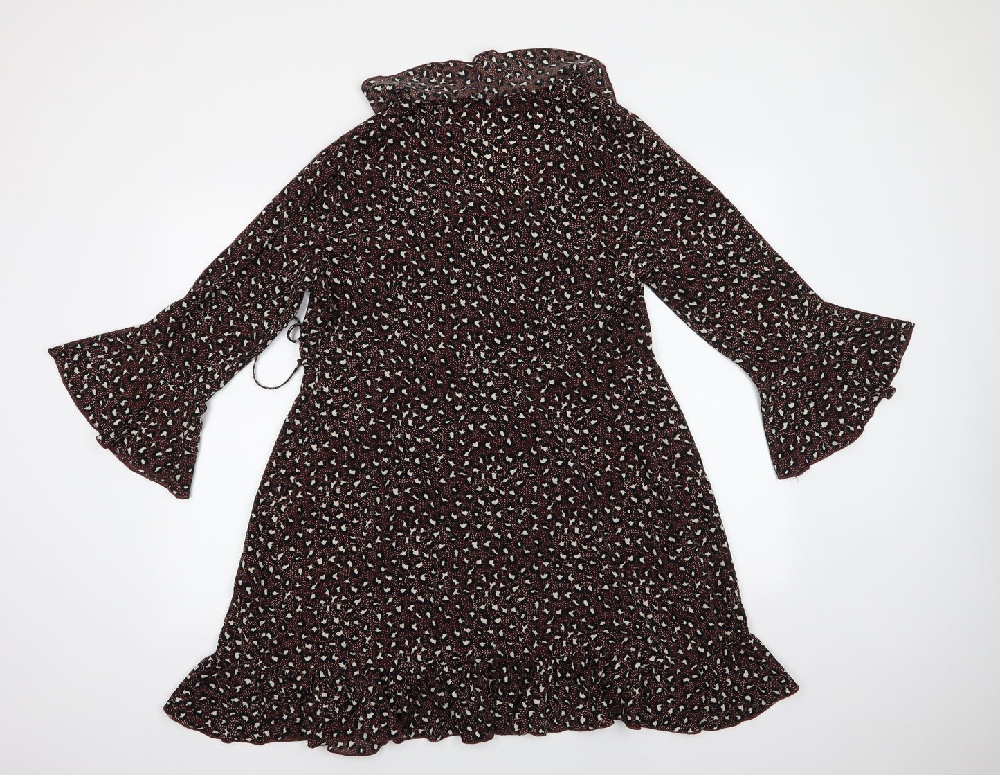 PRETTYLITTLETHING Womens Brown Geometric Polyester Wrap Dress  Size 14  V-Neck
