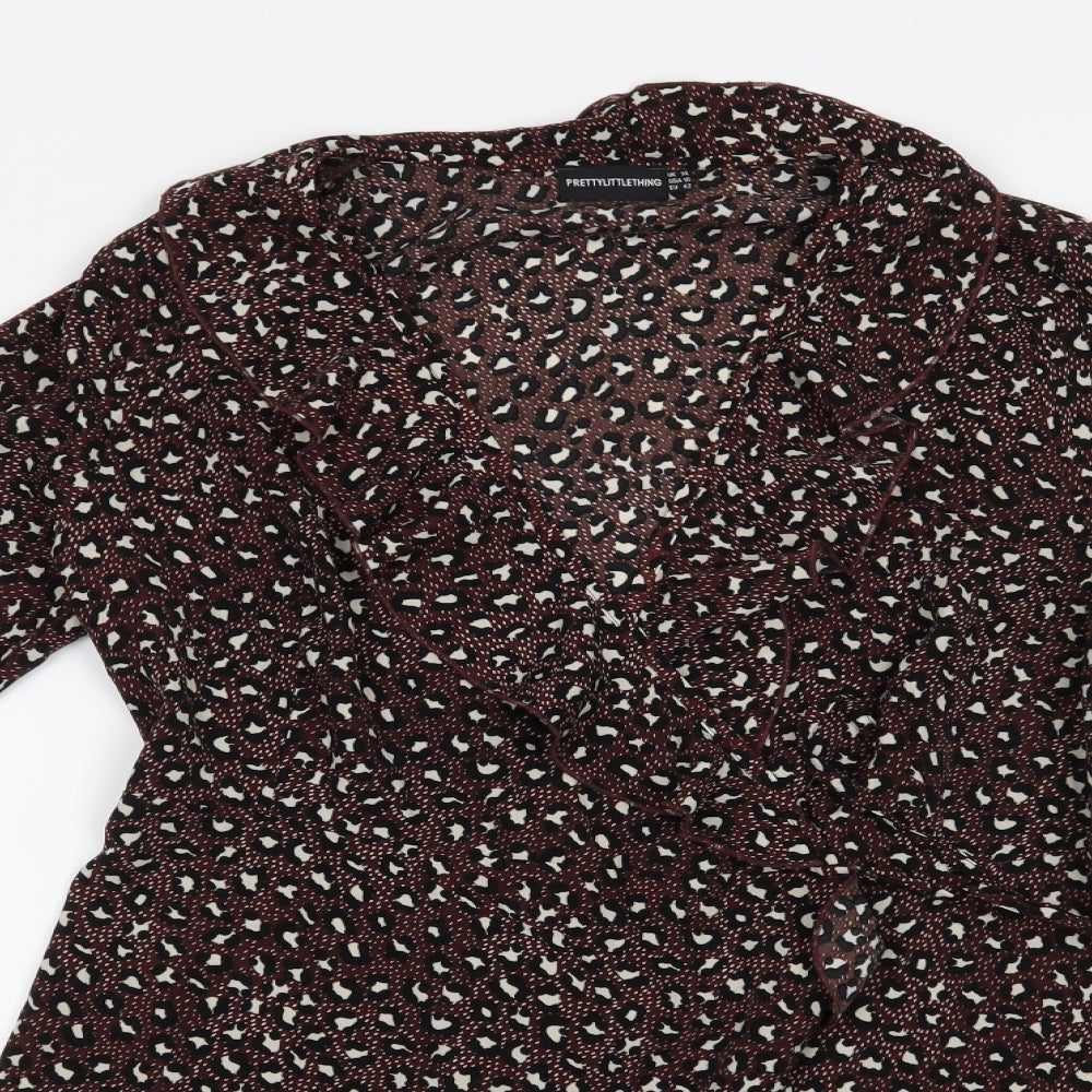 PRETTYLITTLETHING Womens Brown Geometric Polyester Wrap Dress  Size 14  V-Neck