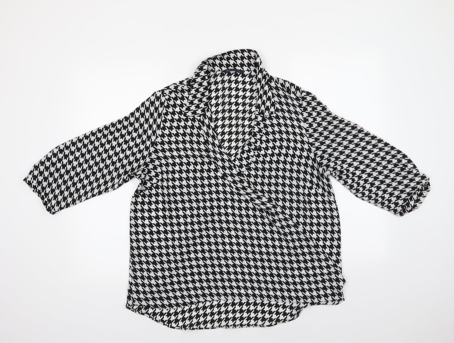 M&S Womens Black Houndstooth Polyester Basic Blouse Size 14 V-Neck