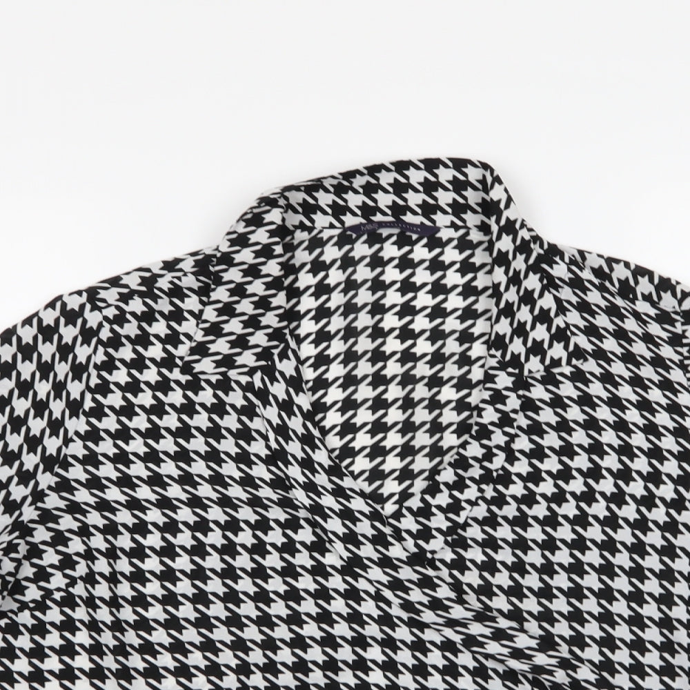 M&S Womens Black Houndstooth Polyester Basic Blouse Size 14 V-Neck