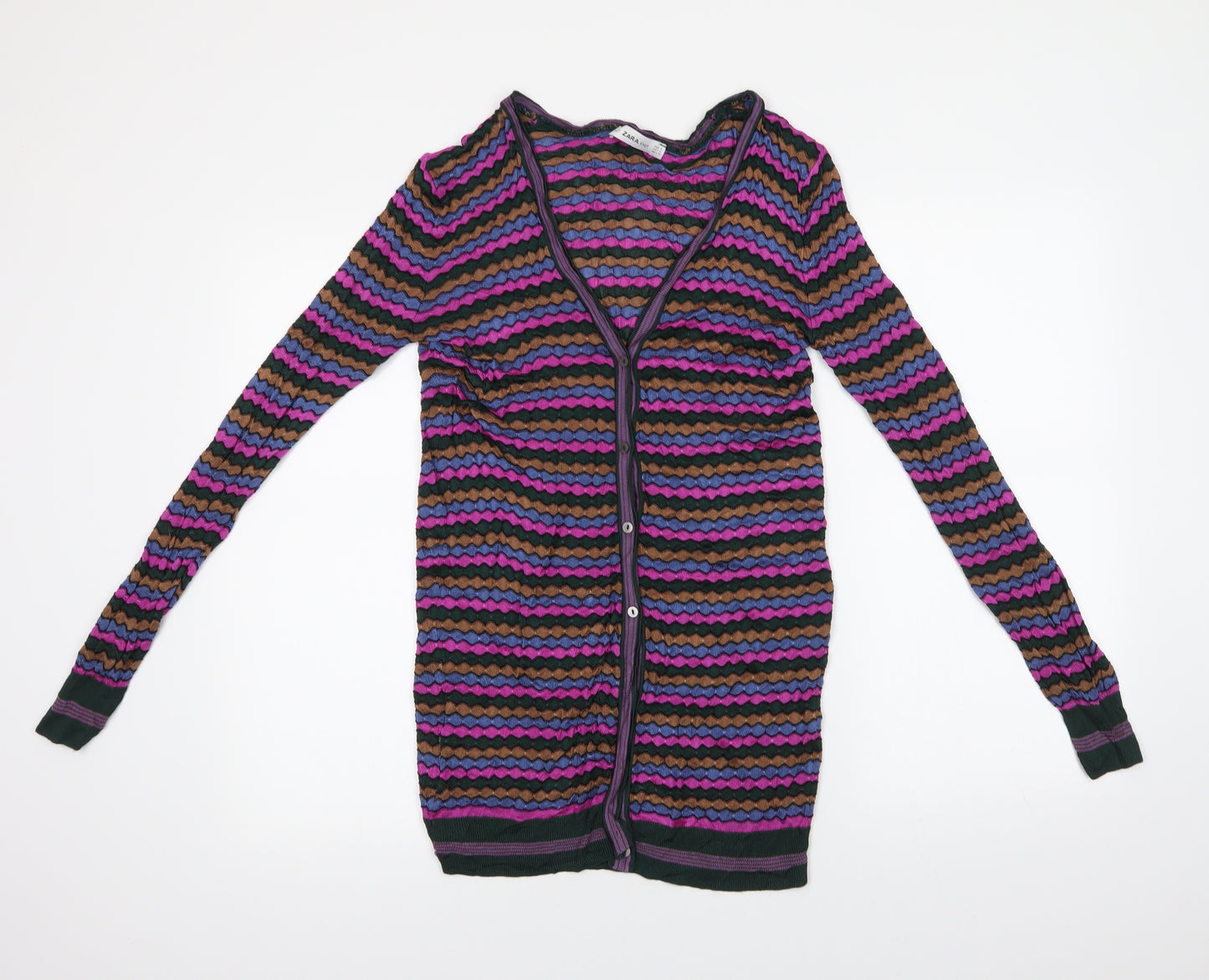 Zara Womens Multicoloured V-Neck Geometric  Cardigan Jumper Size S