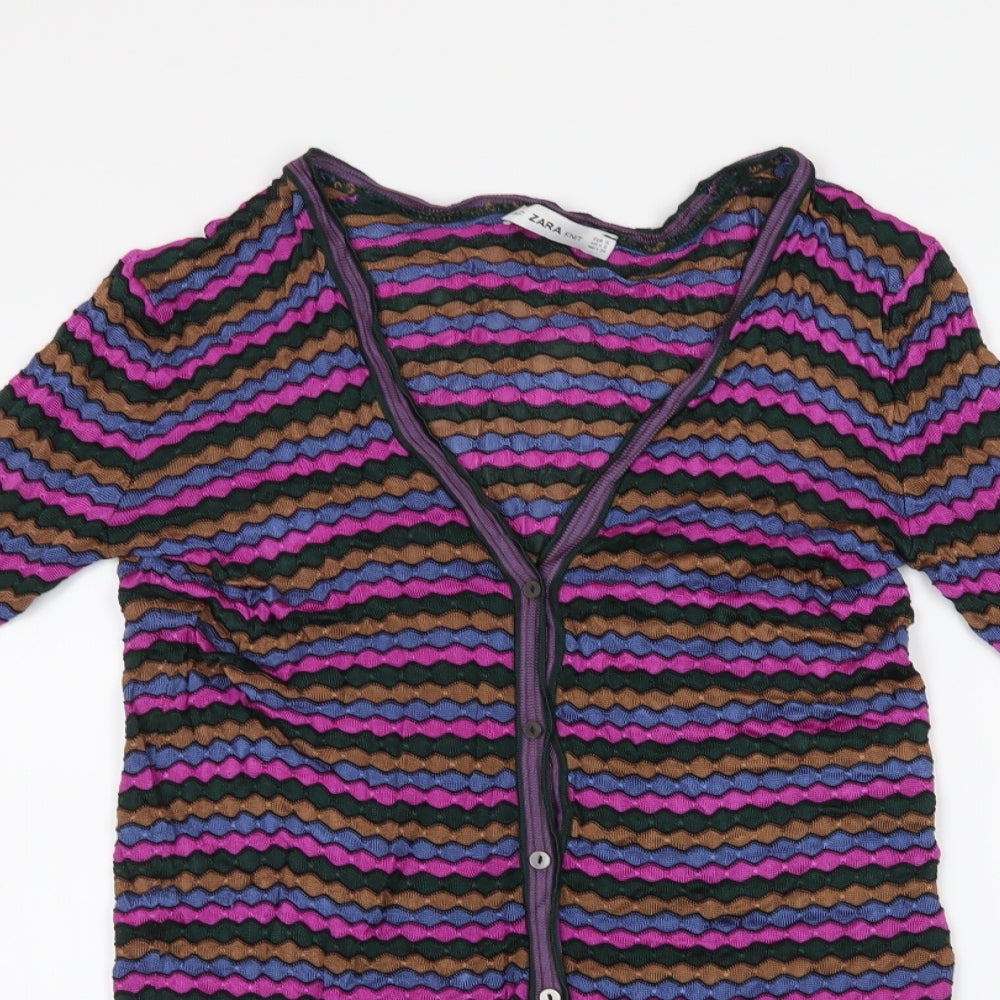 Zara Womens Multicoloured V-Neck Geometric  Cardigan Jumper Size S