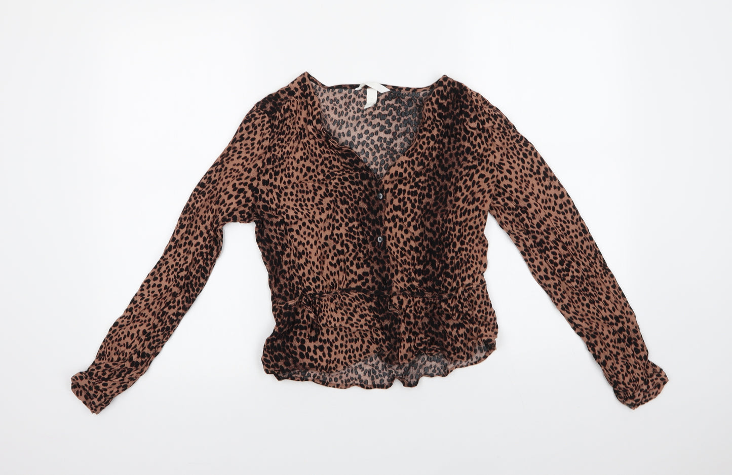 H&M  Womens Brown Animal Print Polyester Basic Button-Up Size 8 V-Neck