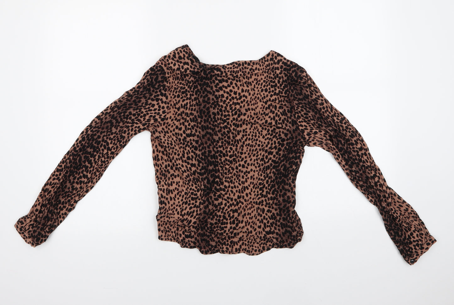 H&M  Womens Brown Animal Print Polyester Basic Button-Up Size 8 V-Neck