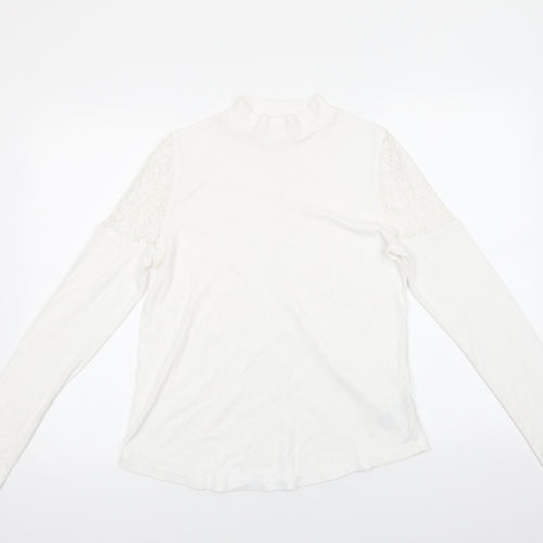 NEXT Womens White  Cotton Basic Blouse Size 14 Mock Neck - Lace Detail