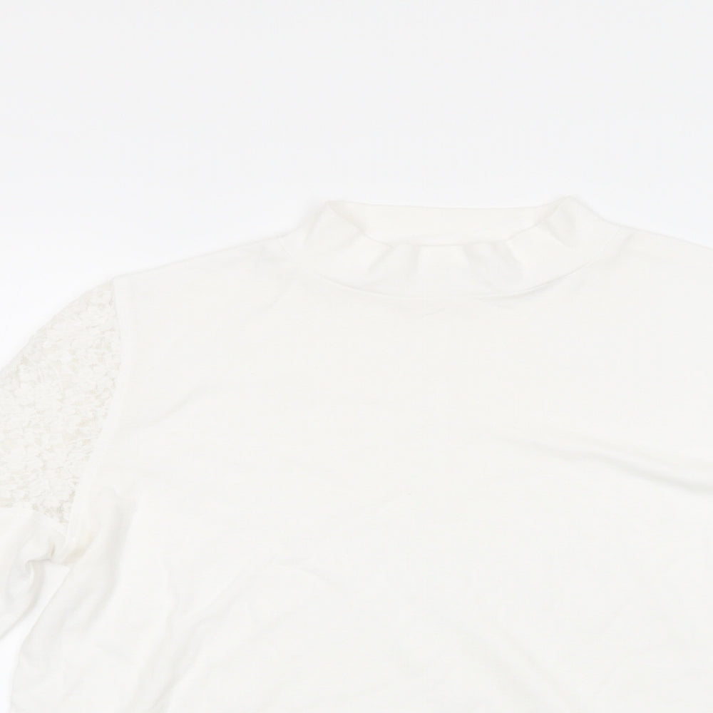 NEXT Womens White  Cotton Basic Blouse Size 14 Mock Neck - Lace Detail