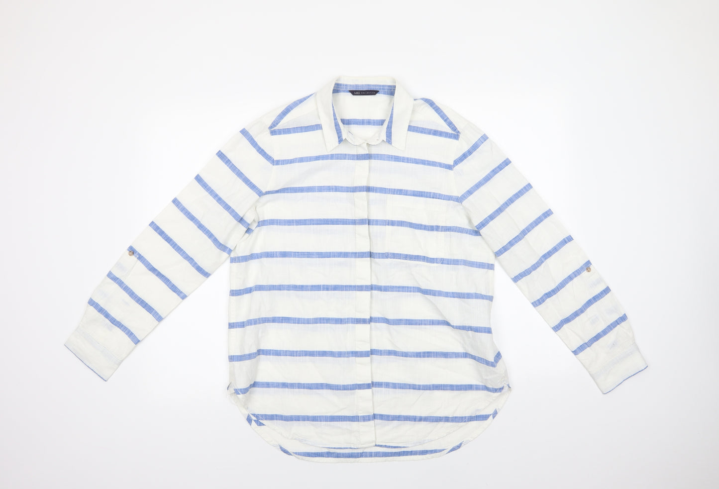 M&S Womens White Striped Cotton Basic Button-Up Size 12 Collared