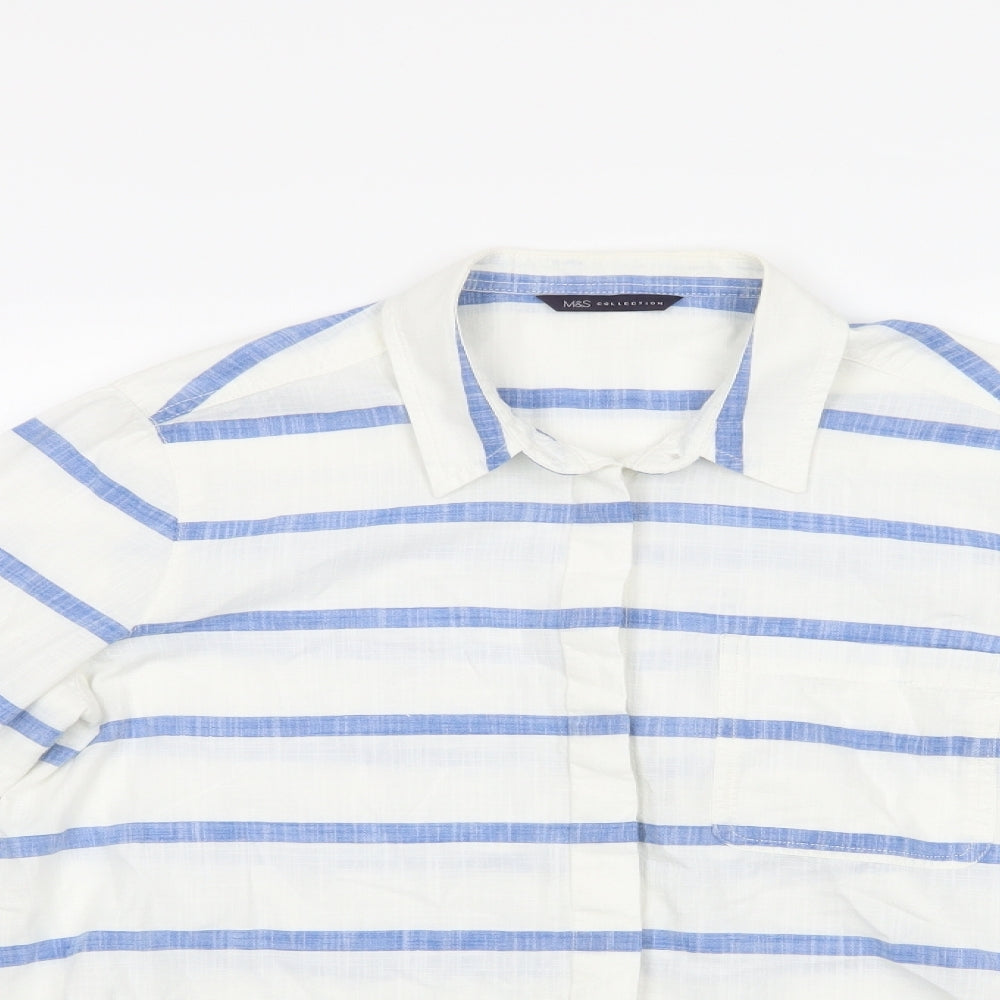 M&S Womens White Striped Cotton Basic Button-Up Size 12 Collared