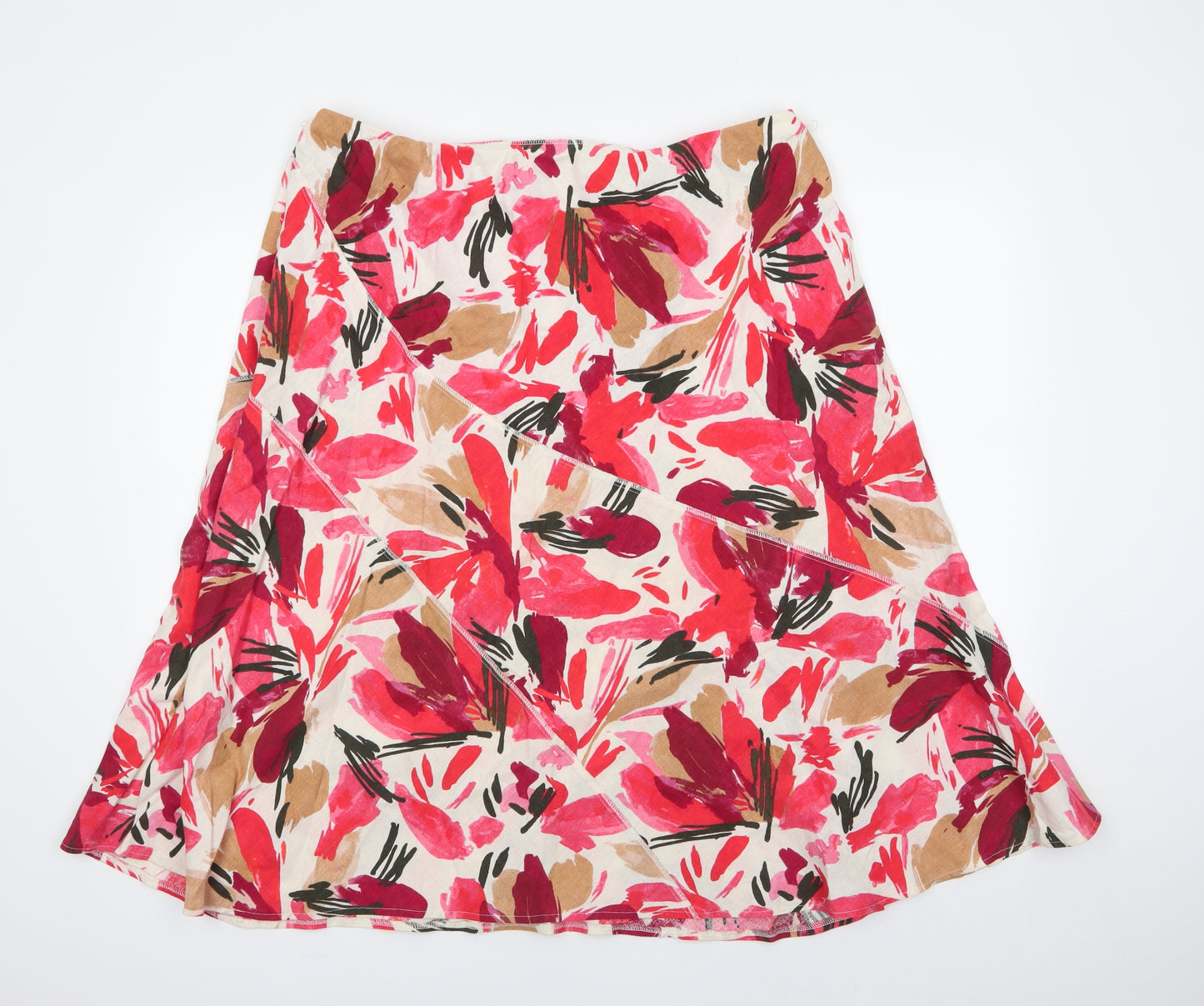 M&S Womens Red Floral Linen A-Line Skirt Size 20