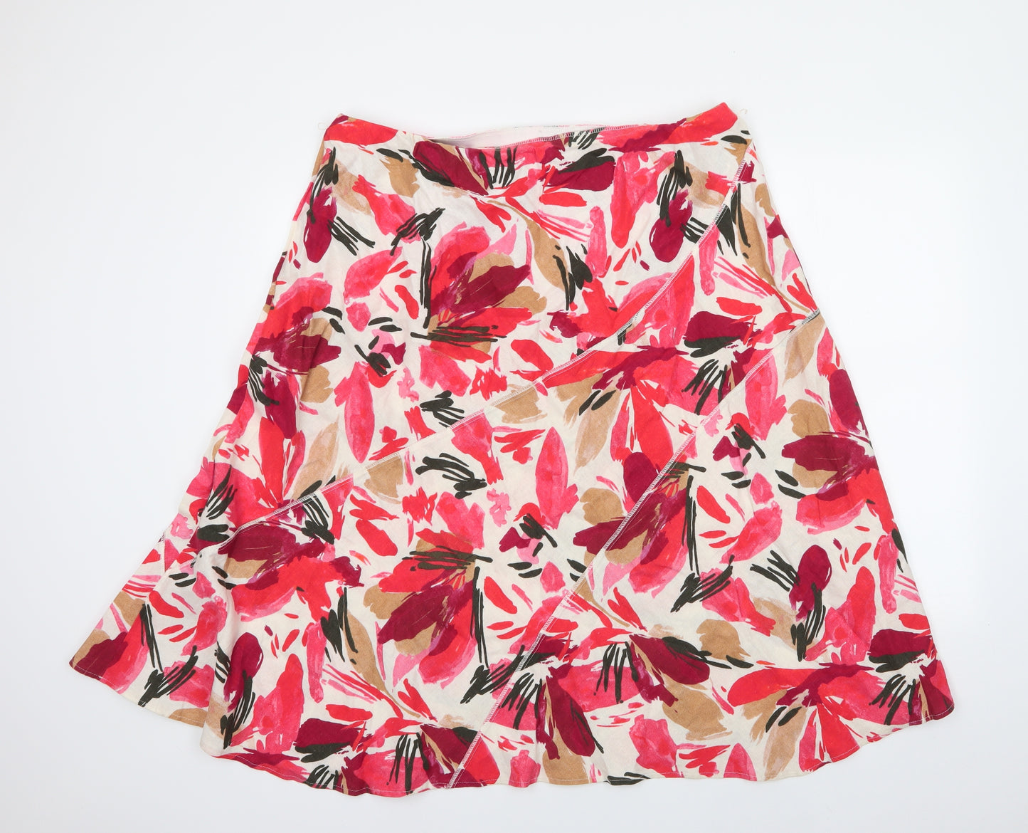 M&S Womens Red Floral Linen A-Line Skirt Size 20
