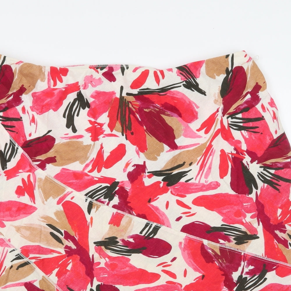 M&S Womens Red Floral Linen A-Line Skirt Size 20