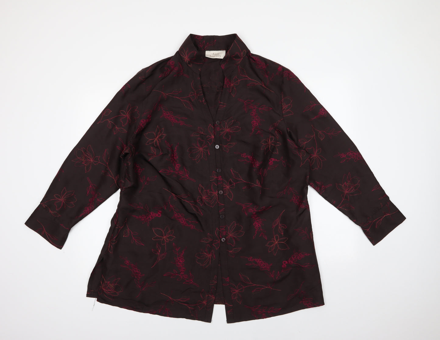 Anne Harvey Womens Brown Floral Silk Tunic Button-Up Size 20 Collared