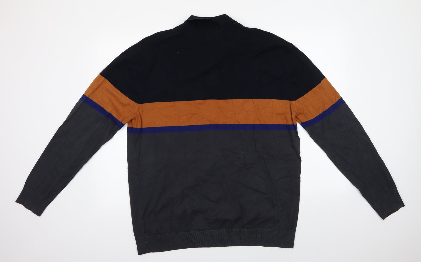 NEXT Mens Grey Collared Striped Cotton Henley Jumper Size 2XL