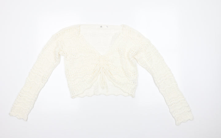 Missguided Womens Ivory V-Neck  Acrylic Pullover Jumper Size L