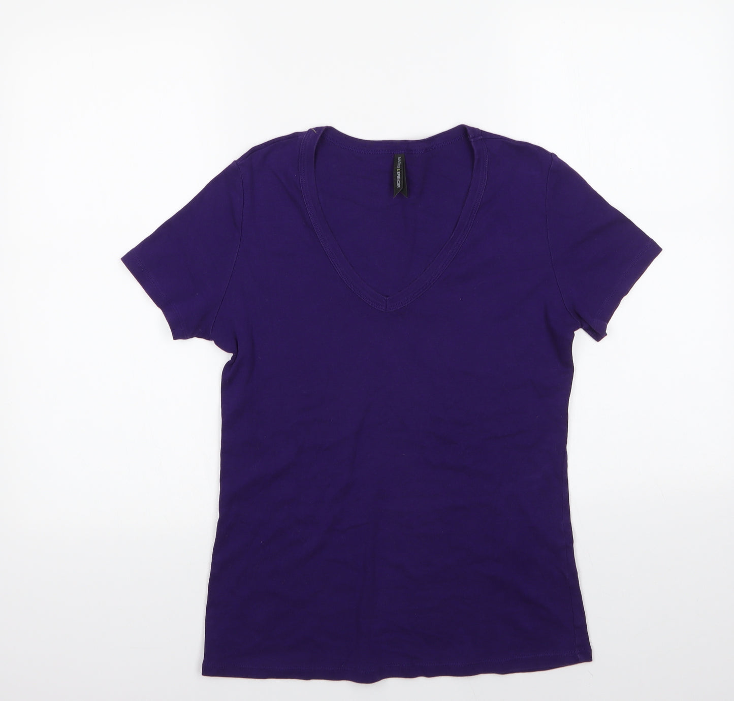 M&S Womens Purple  Cotton Basic T-Shirt Size 14 V-Neck