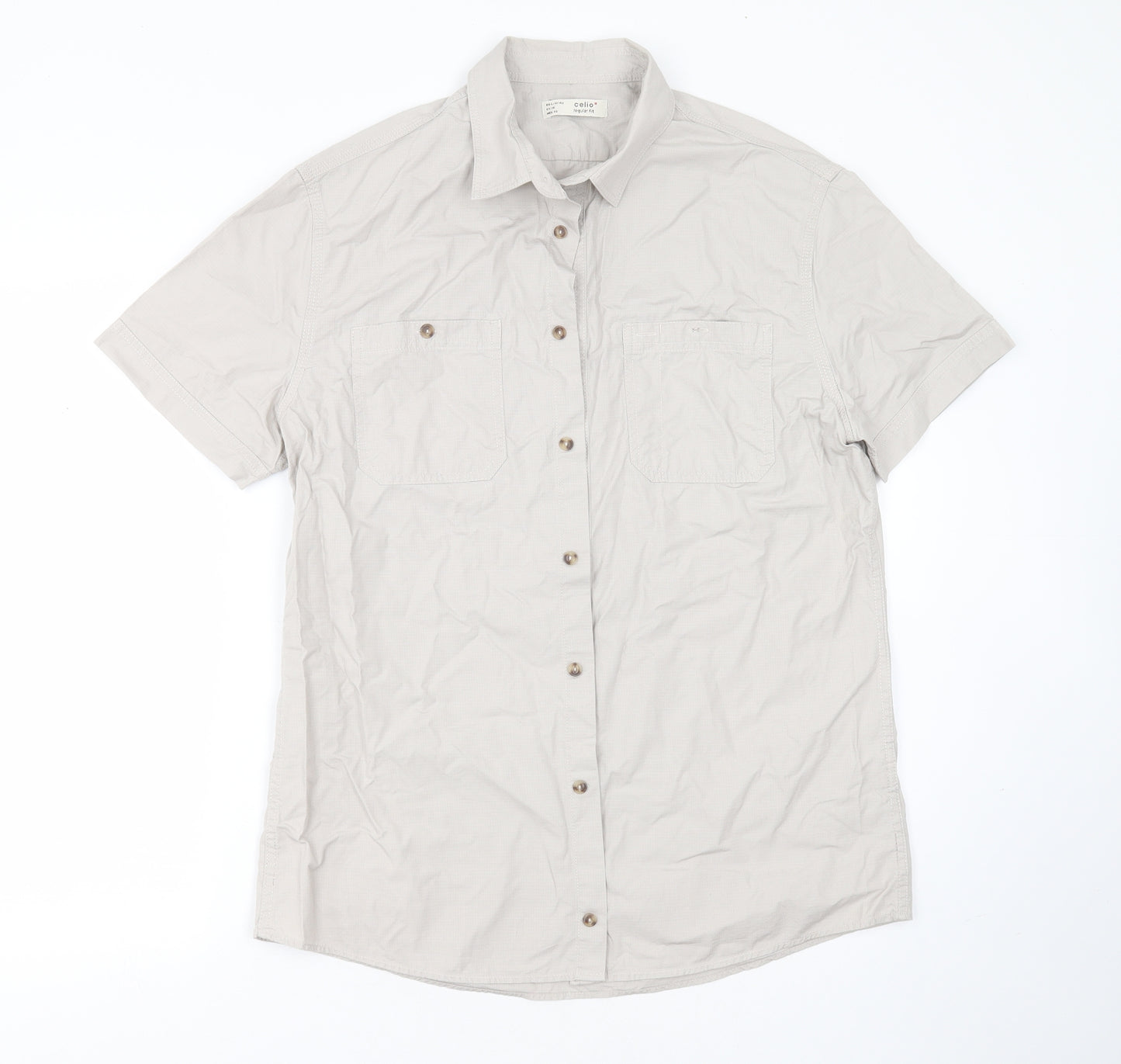 celio* Mens Grey  Cotton Blend  Button-Up Size L Collared Button