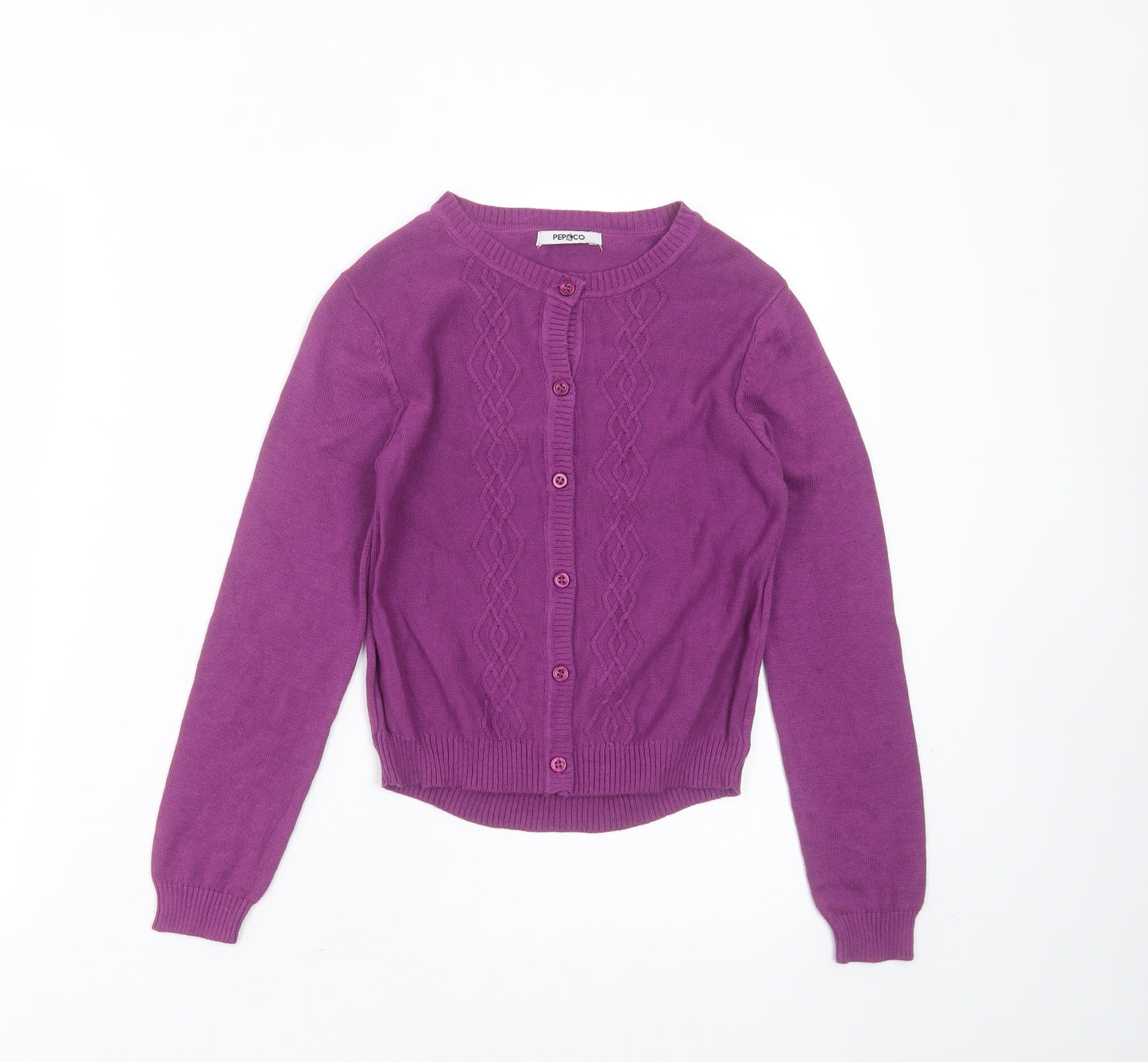 pep&Co Girls Purple Round Neck Geometric Cotton Cardigan Jumper Size 7-8 Years  Button