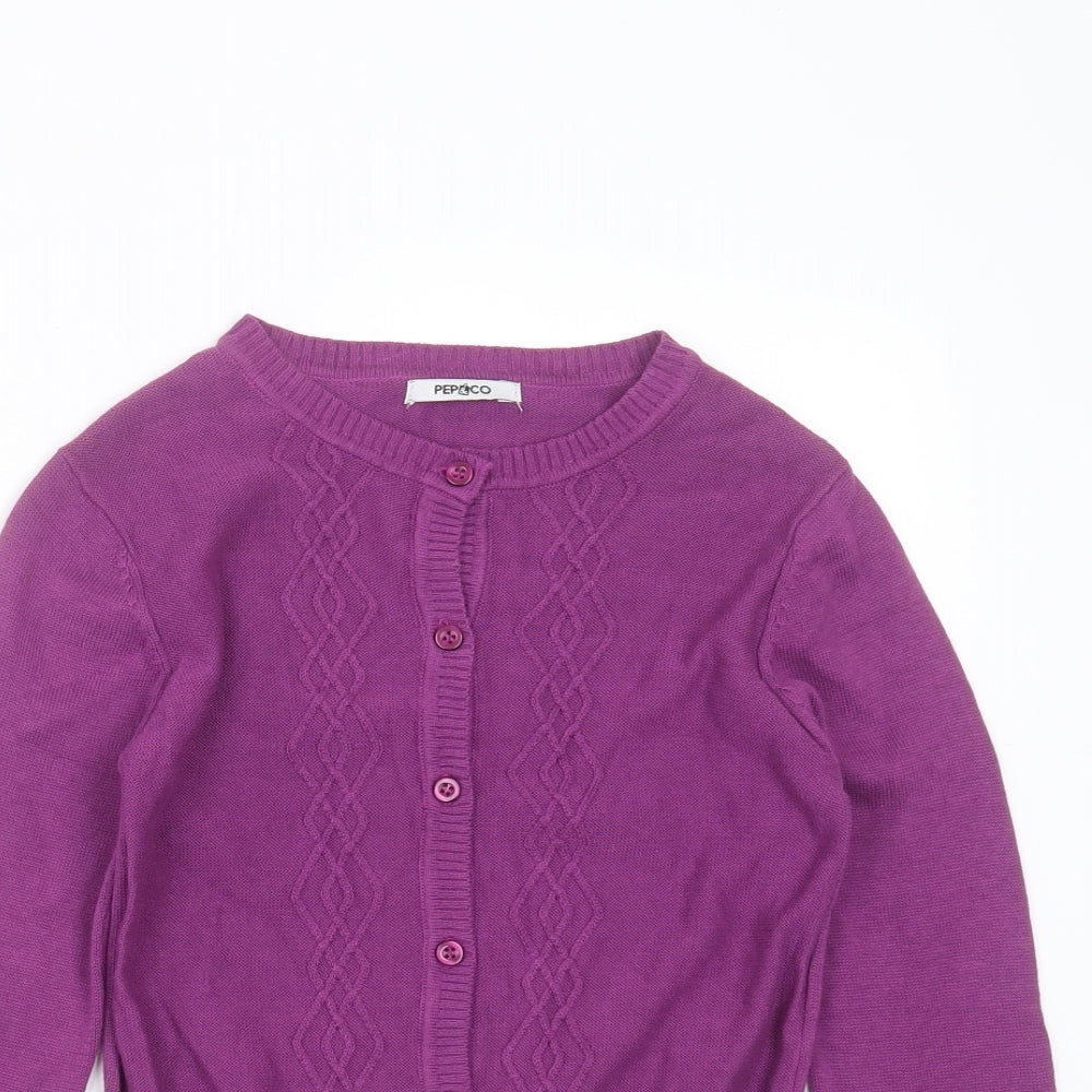 pep&Co Girls Purple Round Neck Geometric Cotton Cardigan Jumper Size 7-8 Years  Button