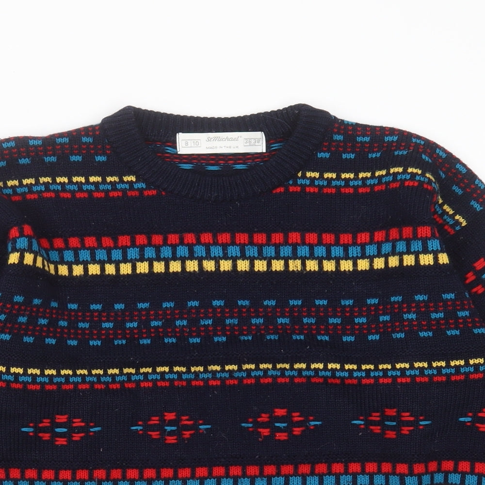 st Michael Womens Blue Round Neck Geometric Acrylic Pullover Jumper Size 8