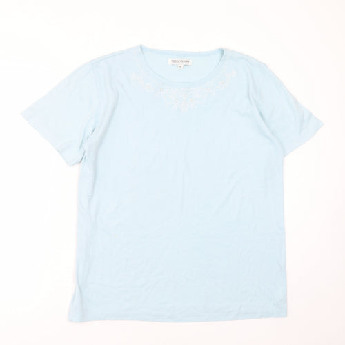 emily claire Womens Blue  Cotton Blend Basic T-Shirt Size M Round Neck - Embroidered detail