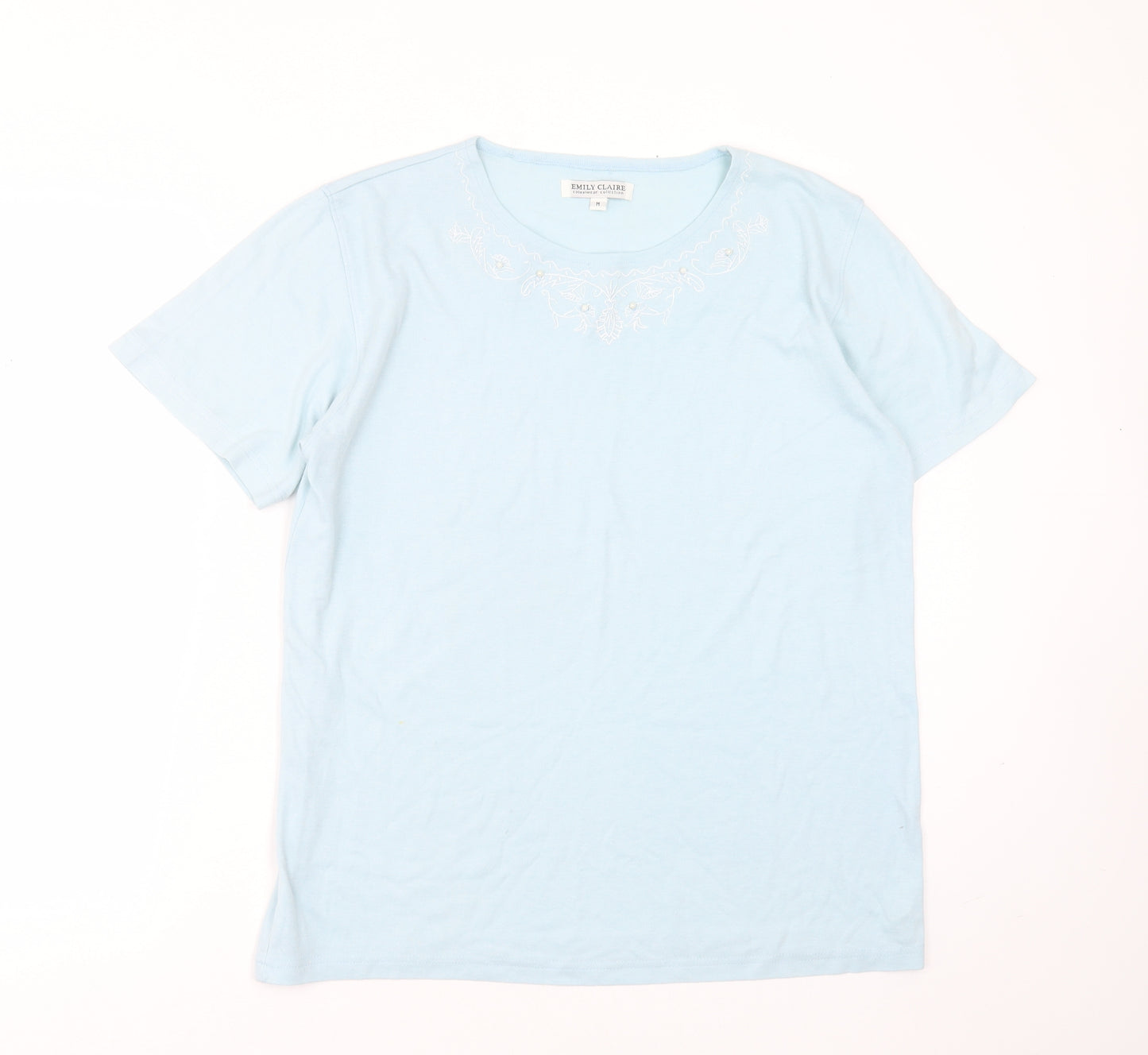 emily claire Womens Blue  Cotton Blend Basic T-Shirt Size M Round Neck - Embroidered detail