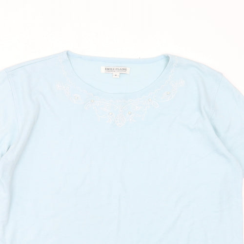 emily claire Womens Blue  Cotton Blend Basic T-Shirt Size M Round Neck - Embroidered detail