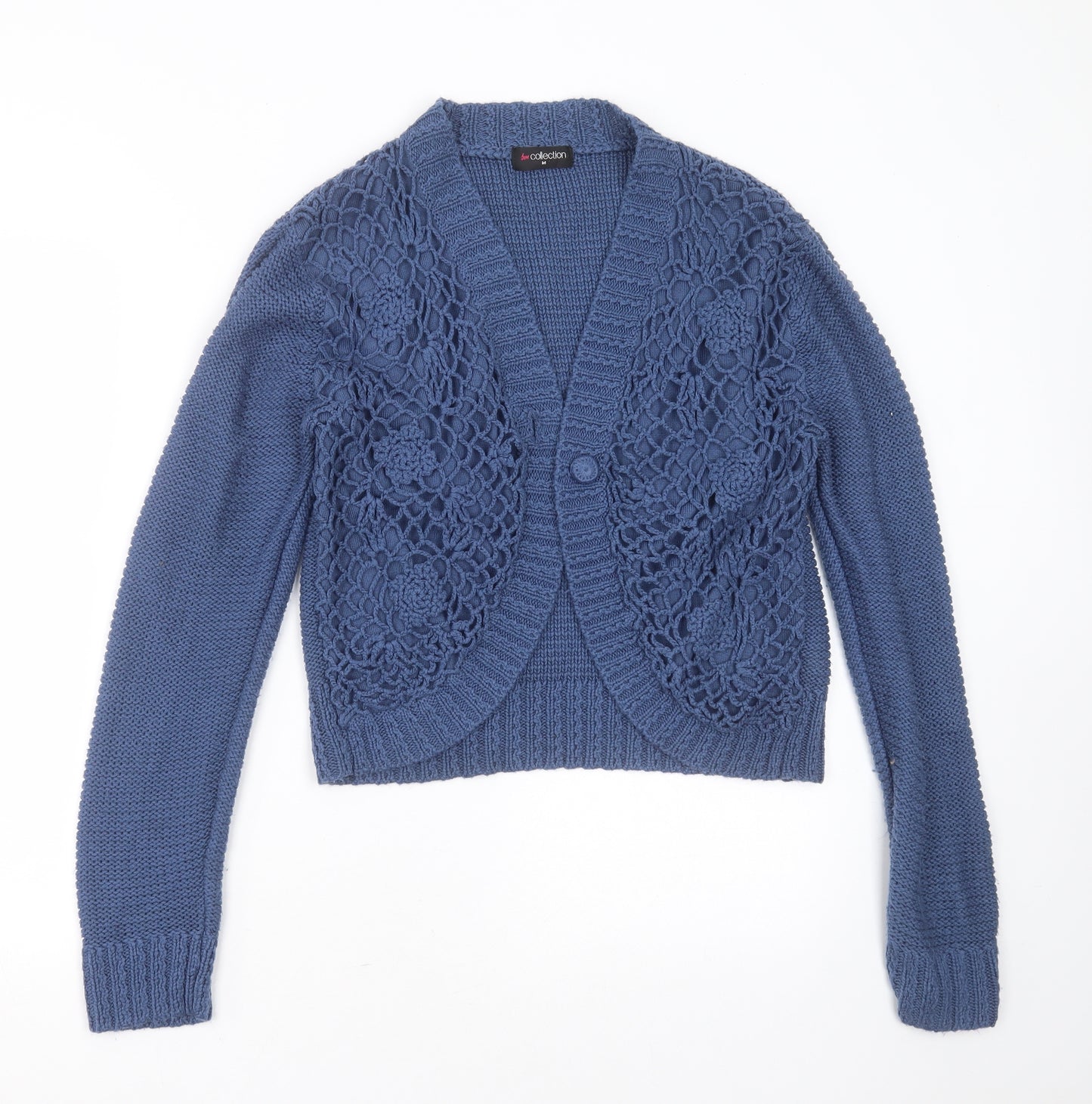 BM collection Womens Blue V-Neck Geometric Acrylic Cardigan Jumper Size M   - crochet detail