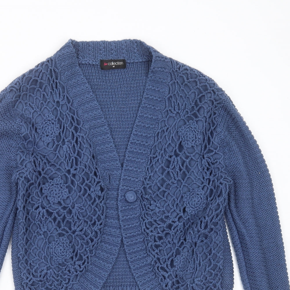 BM collection Womens Blue V-Neck Geometric Acrylic Cardigan Jumper Size M   - crochet detail