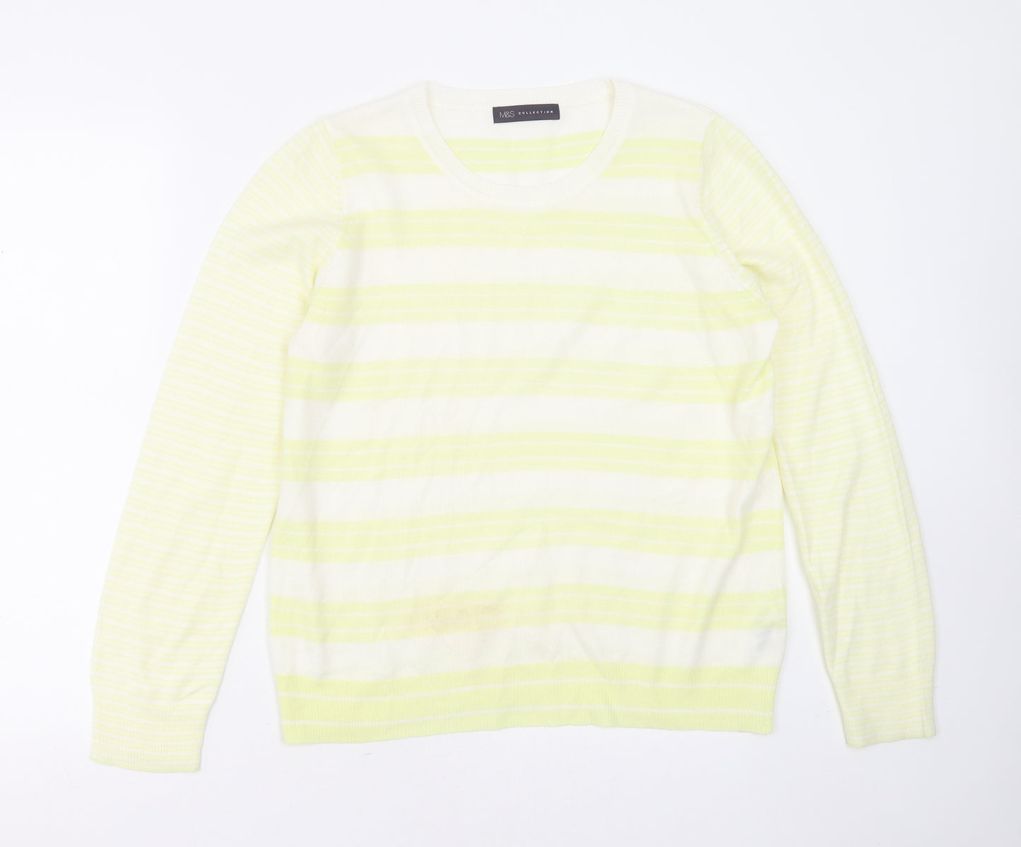 Marks and Spencer Womens Yellow Round Neck Striped Acrylic Pullover Jumper Size 12