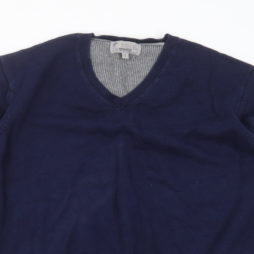 Marks and Spencer Mens Blue V-Neck  Cotton Pullover Jumper Size L