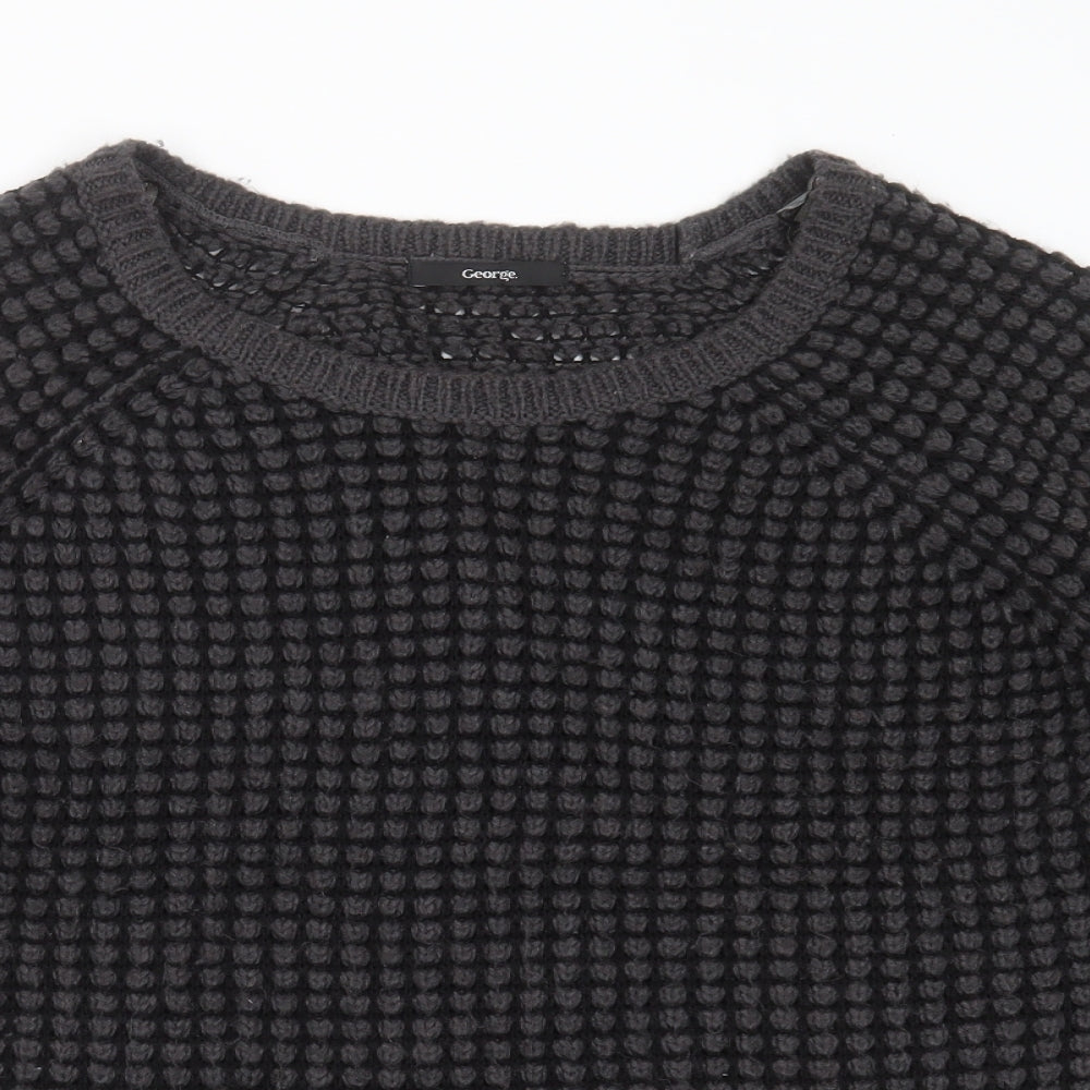 George Womens Grey Round Neck Striped Acrylic Pullover Jumper Size 16