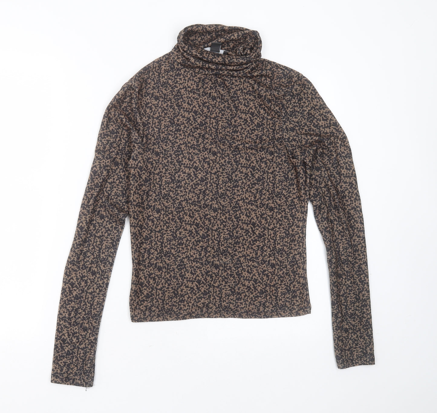 Primark Womens Brown Animal Print Polyester Basic T-Shirt Size XS Roll Neck