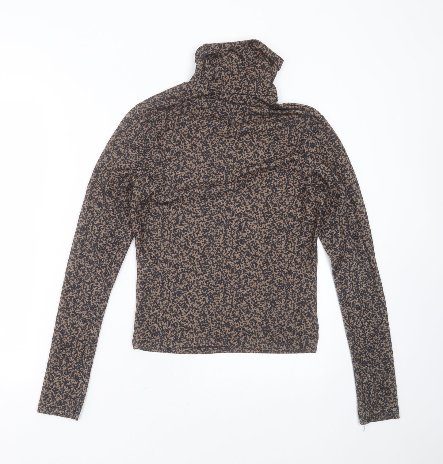 Primark Womens Brown Animal Print Polyester Basic T-Shirt Size XS Roll Neck